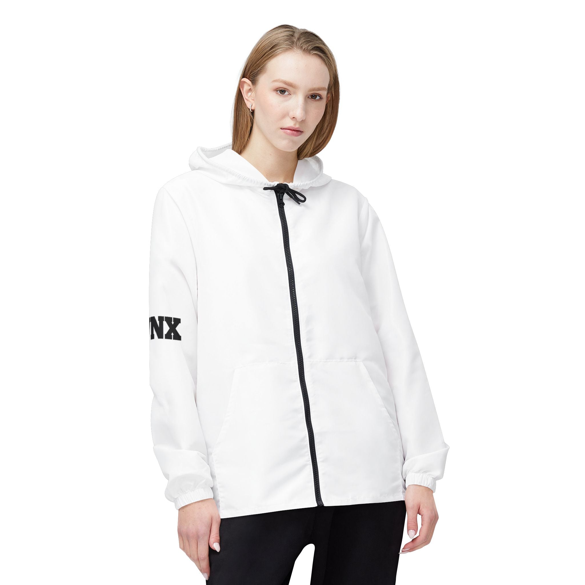 Minimal White Windbreaker Jacket with Subtle Sleeve Logo